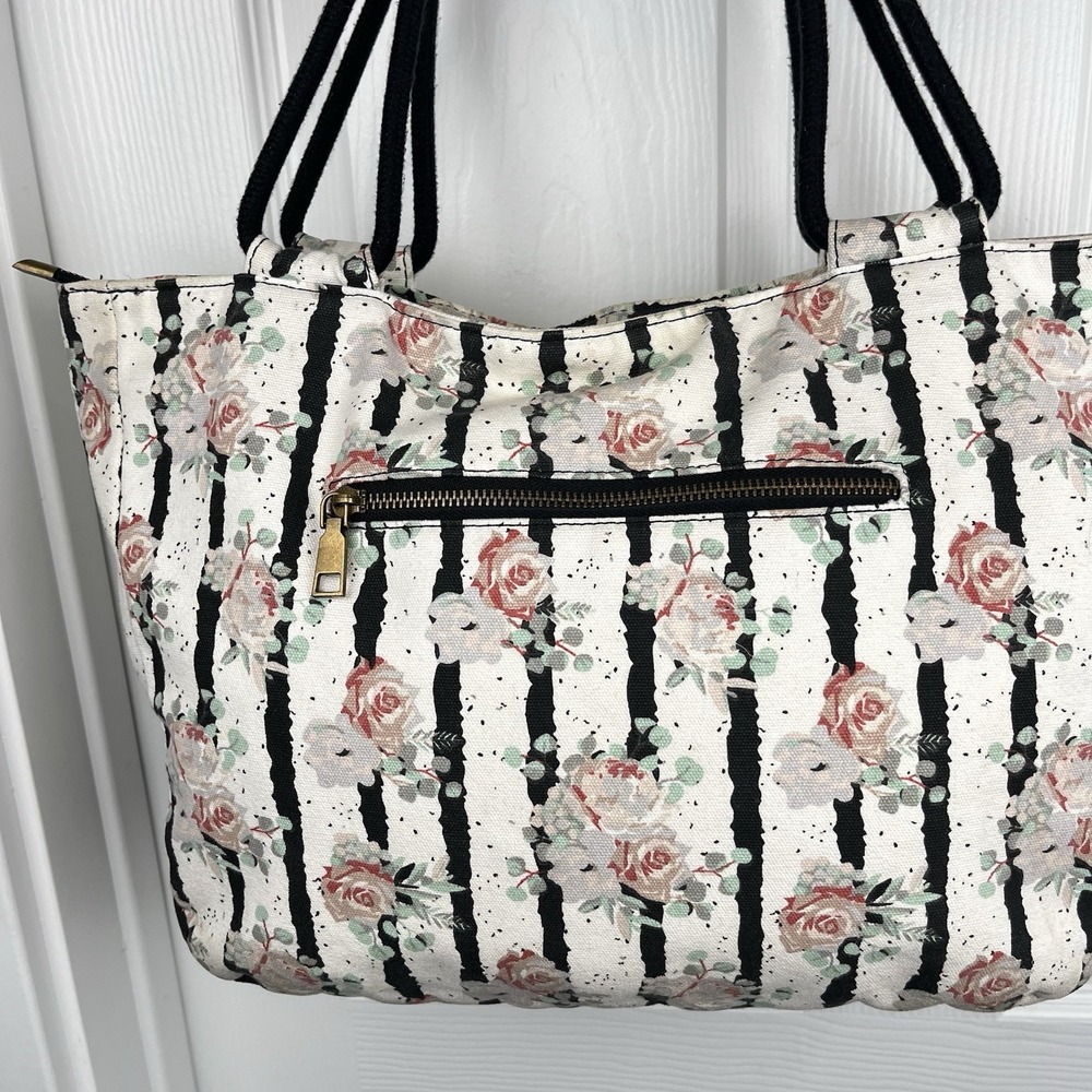 Farmhouse Is My Style Off White Floral Tote‎ Bag Black Rope Handles Zipper Purse - Picture 3 of 10